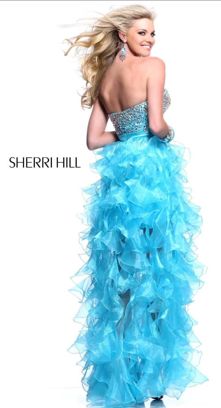 0 XS Sherri Hill Aqua blue gold rhinestone strapless bodice ruffle fairy skirt